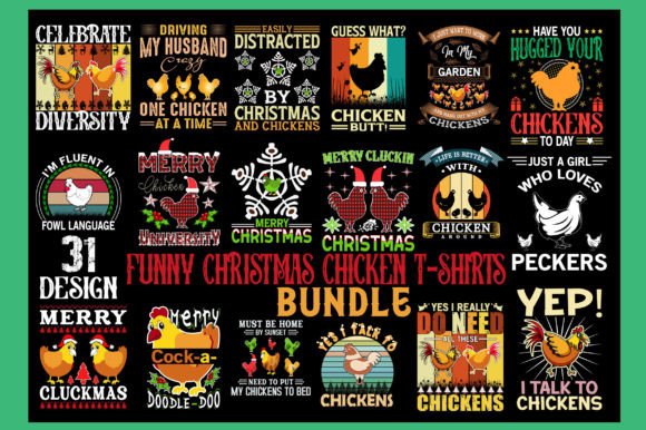 Funny Christmas Chicken Graphics & T-Shirt Designs Bundle