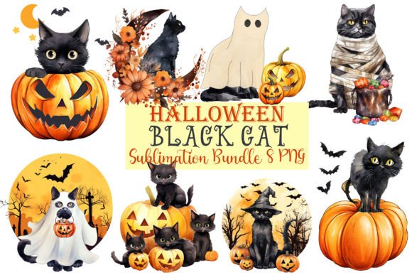 Halloween Black Cat Watercolor Bundle Graphics for T-Shirt Designs